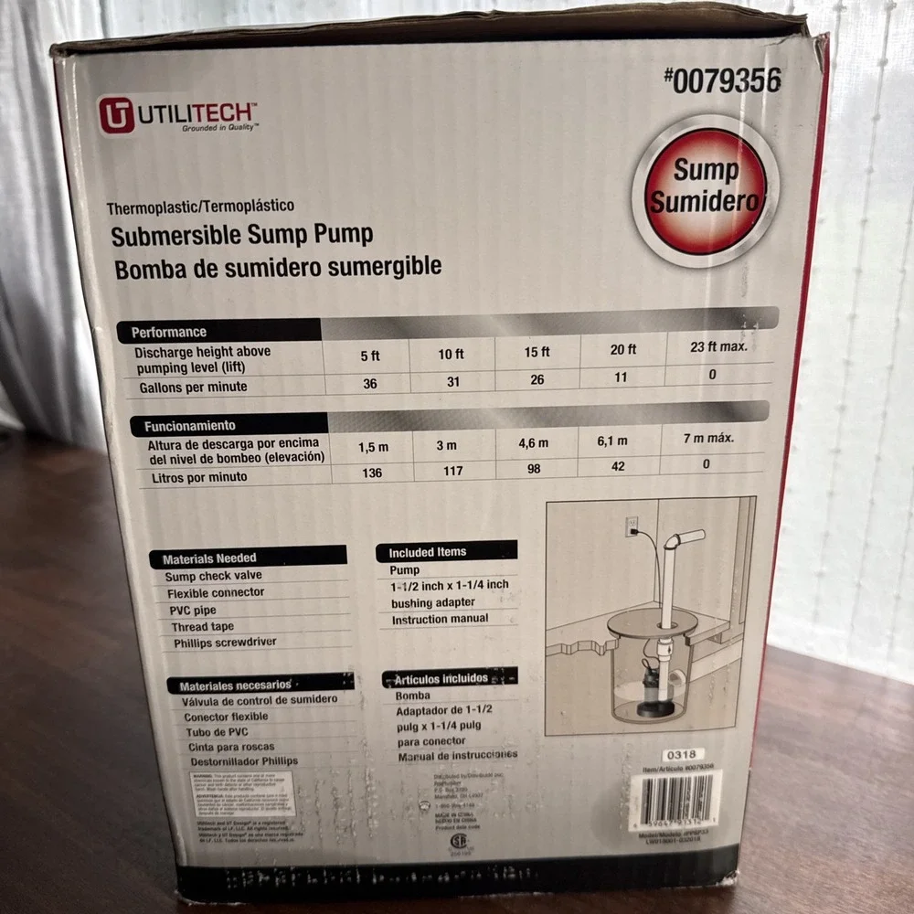Utilitech Submersible Sump Pump 40 Gallons Per Min #0079356 1/3 HP New